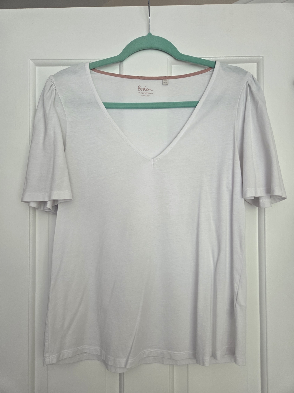 Boden Women's White Cotton V-Neck Flutter Sleeve Tee